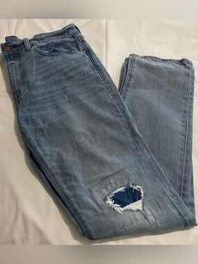 J. Crew Men's Light Blue Straight Jeans with Knee Rip, Distressed
